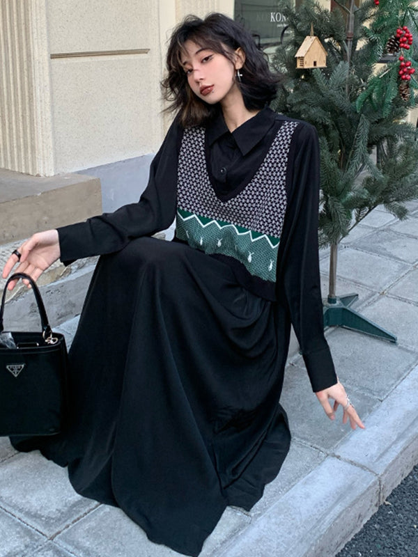 Urban Knitting Vest Split-Joint False Two Midi Dress