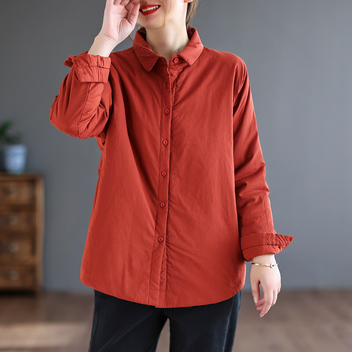 Retro Solid Color Lapel Collar Cotton Shirt