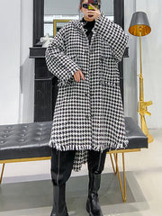 Women Lapel Plaid Print Hooded Coat