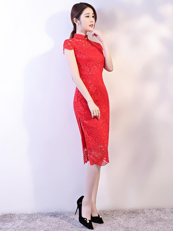 Red Lace See-through Split-side Short Cheongsam