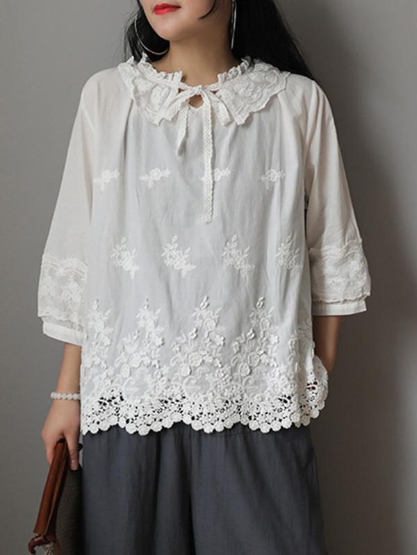 Vintage Embroidered Lace Collar T-Shirt