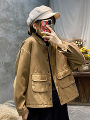 Women Retro Stand Collar Solid Color Coat