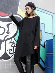 Loose Black Round-neck Asymmetric T-shirt Dress