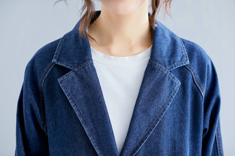 Women's Denim Shirt Collar Long Trench Coat