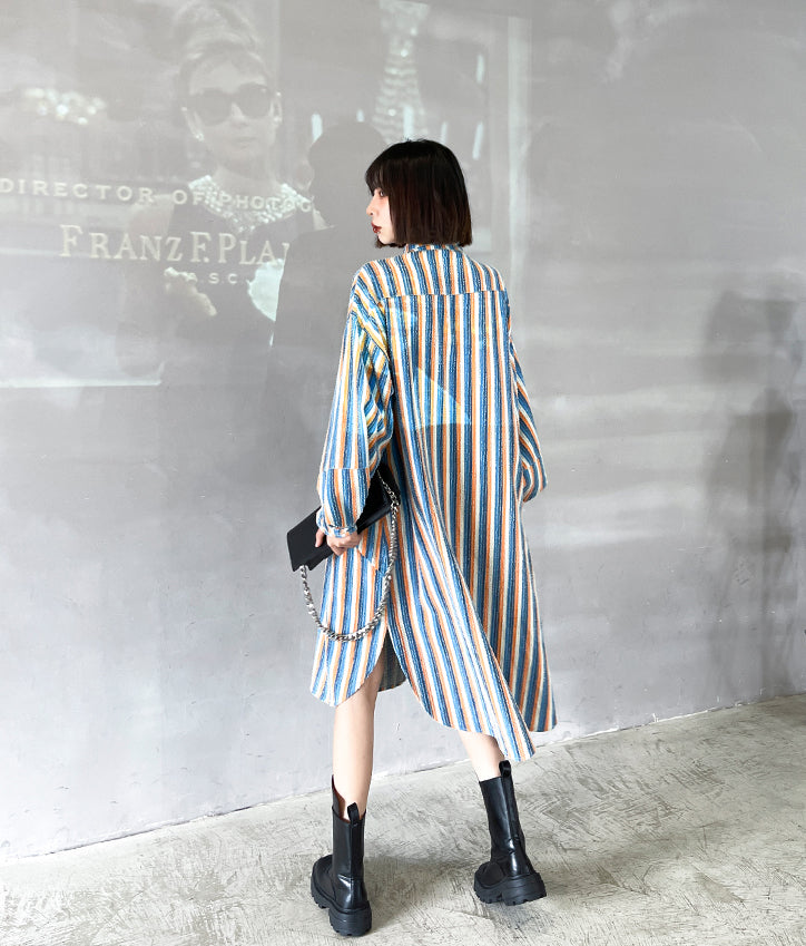 Loose Striped Belted Irregular Shirt Dress