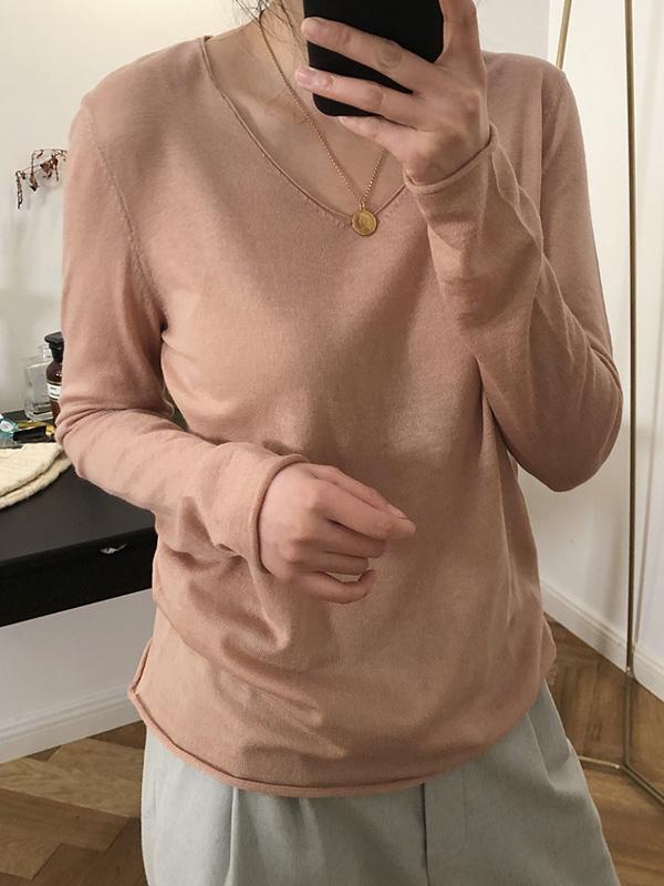 V-neck Knitting Loose Solid Shirt Top