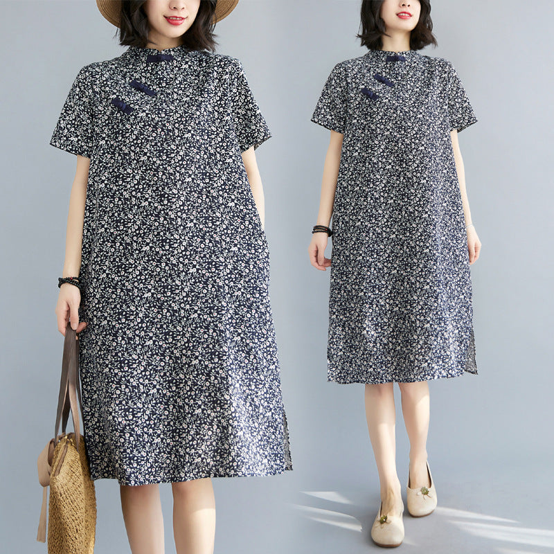 Retro Printd Short Sleeve Midi Dress