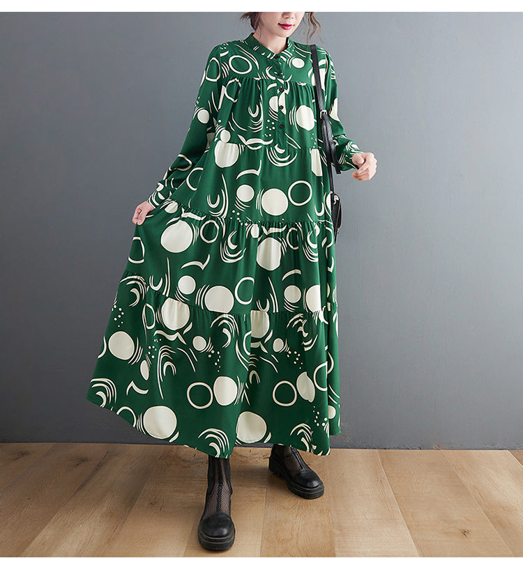 Vintage Print Long Sleeve Midi Dress