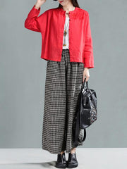 Leisure Ramie Cotton Plaid Wide-leg Pants