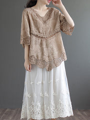 Round Neck Embroidered Hollow Half Sleeves Blouse