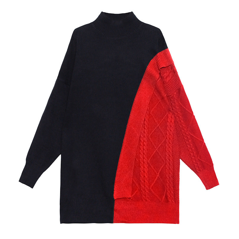 High Neck Mid-Length Color-Block Knitted Sweater