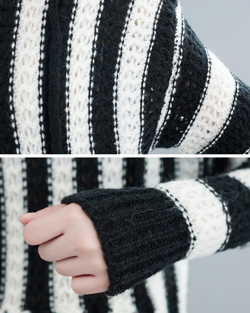 Loose Striped Hooded Knitted Mini Dress