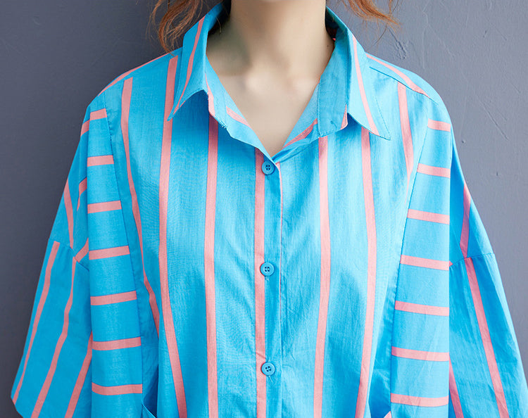 Women Color Matching Striped Loose Casual Shirt Dress