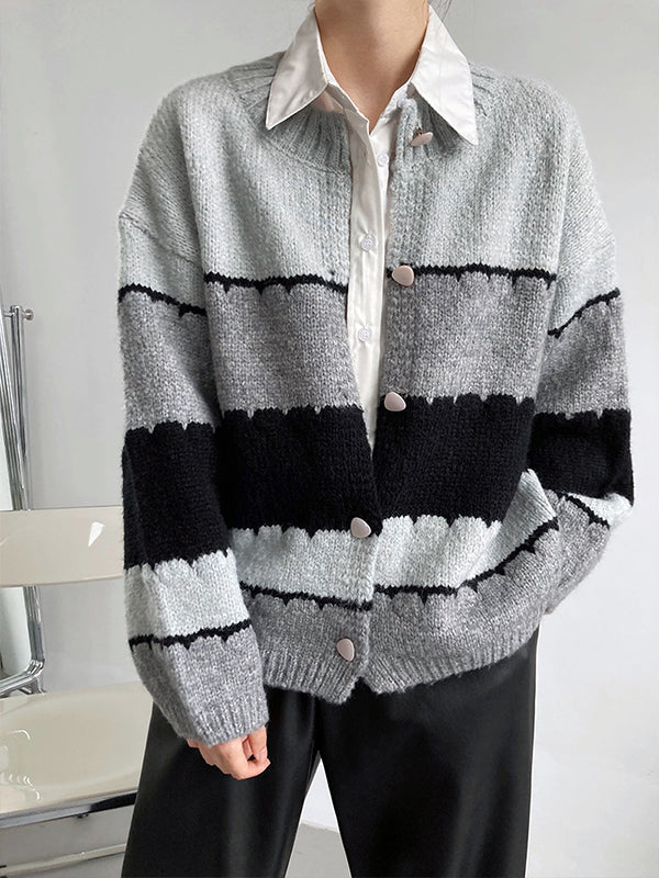 Color Block Round Neck Knitted Sweater Coat