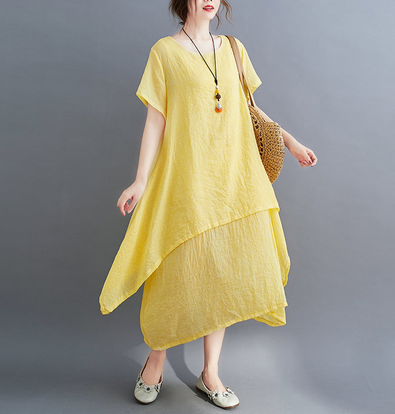 Retro Round Neck Solid Color Irregular Casual Dress