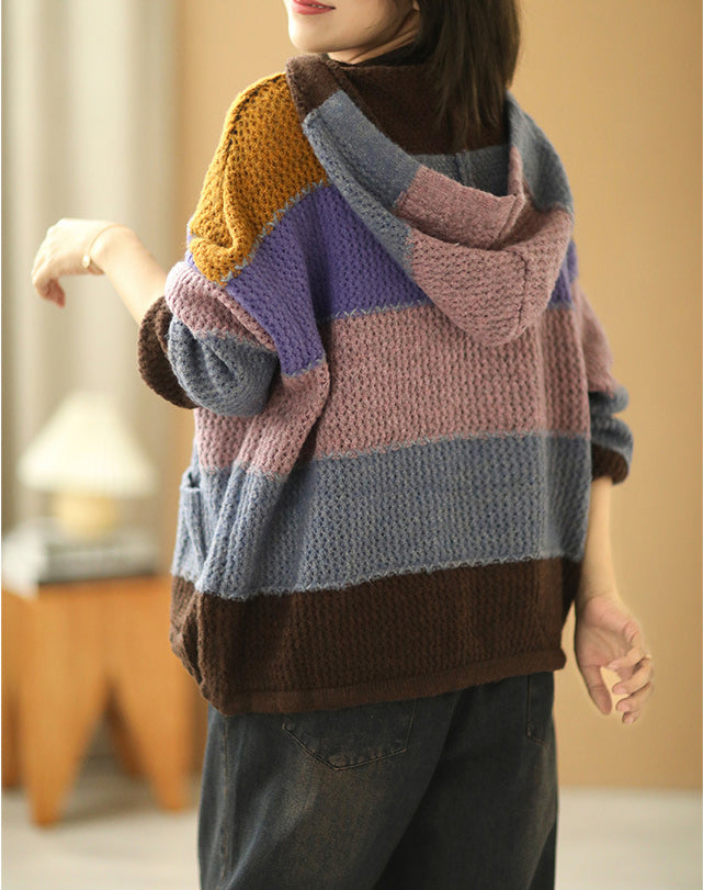 Casual Color Striped Hooded Knit Sweater