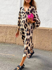 Leopard Print Loose Lantern Sleeve Dress
