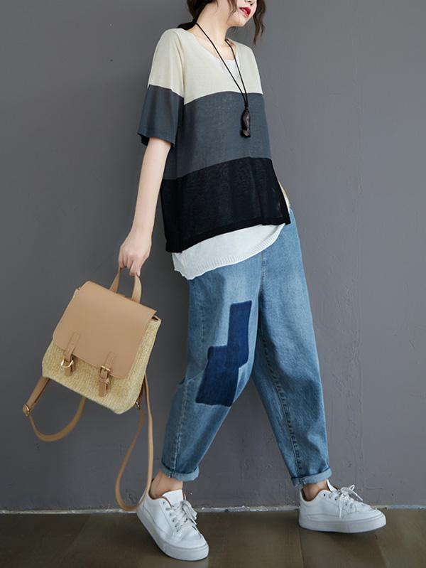 Loose False-Two Light Knitting Striped T-Shirts