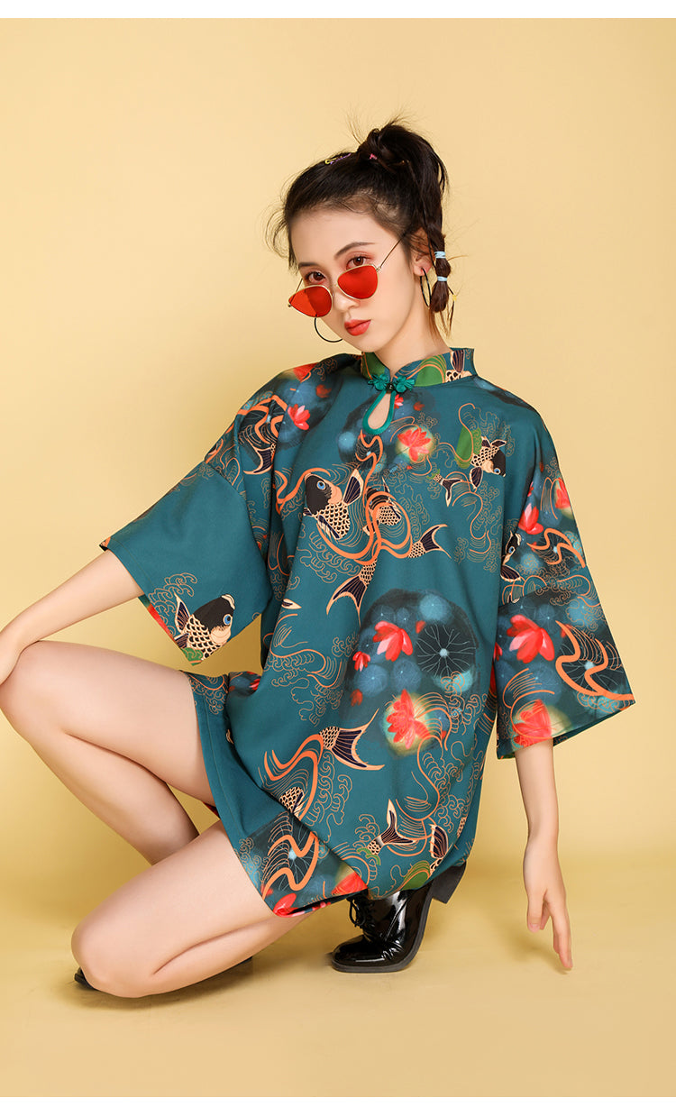 Urban Loose Printed Cheongsam Midi Dress