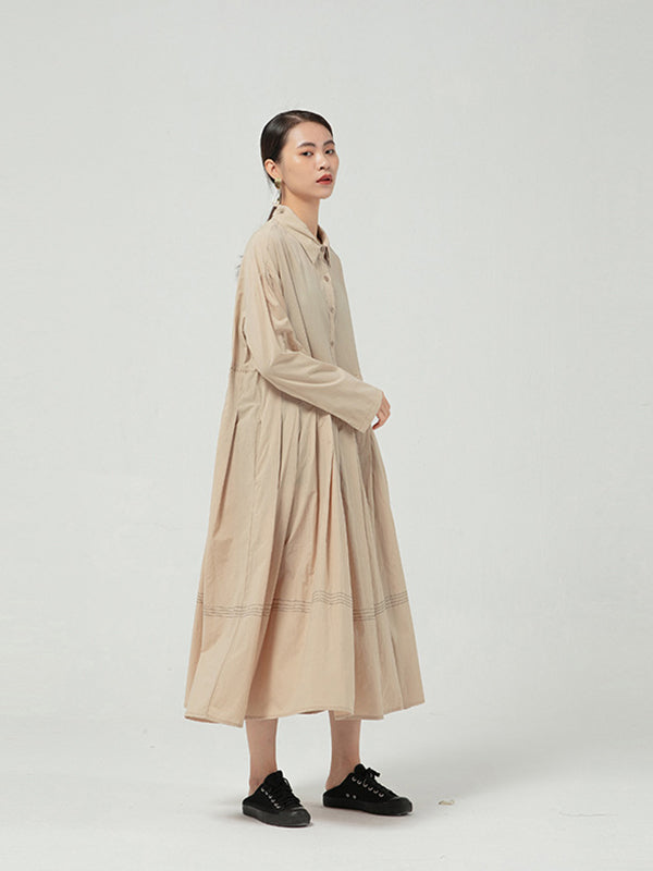 Solid Color Long Sleeve Pleated Maxi Dress