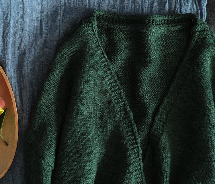 Solid V-Neck Loose Retro Cardigan Outwear