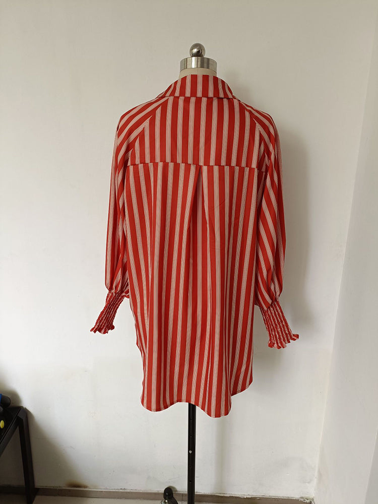 Striped Printed Lapel Collar Long Sleeve Loose Shirt