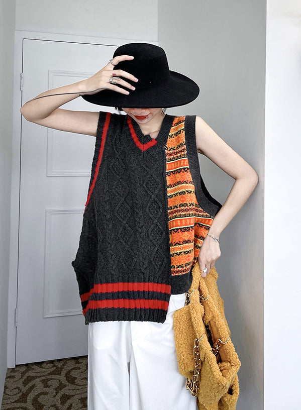 Irregular Contrast Color V-Neck Design Knitted Vest