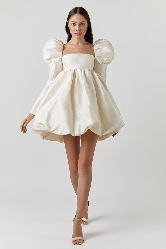 Puff Sleeve Imitation Silk Mini Dress