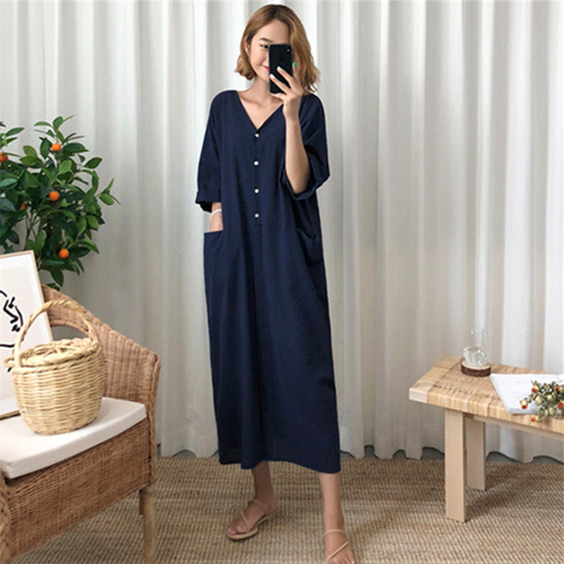 Loose V-Neck  Half Sleeves Solid Maxi Dress