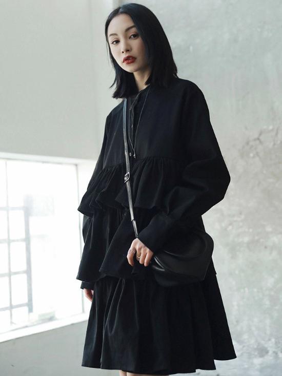 Black Split-joint Falbala Long Shirt Dress