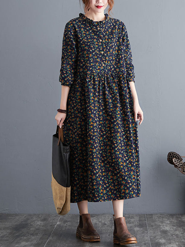 Retro Floral Wood Ear Collar Midi Dress