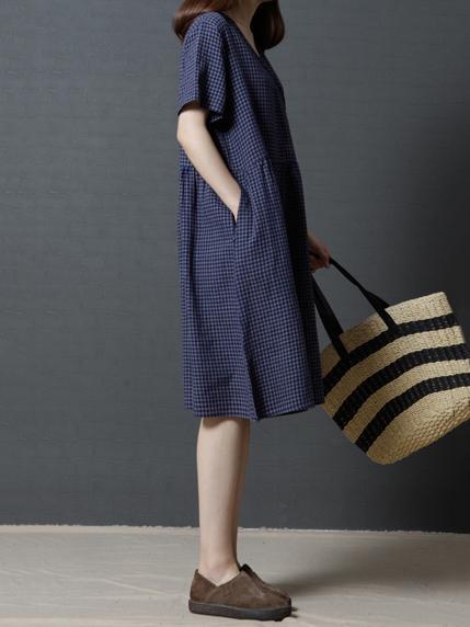 Plaid Loose Ramie Cotton Linen Long Dress