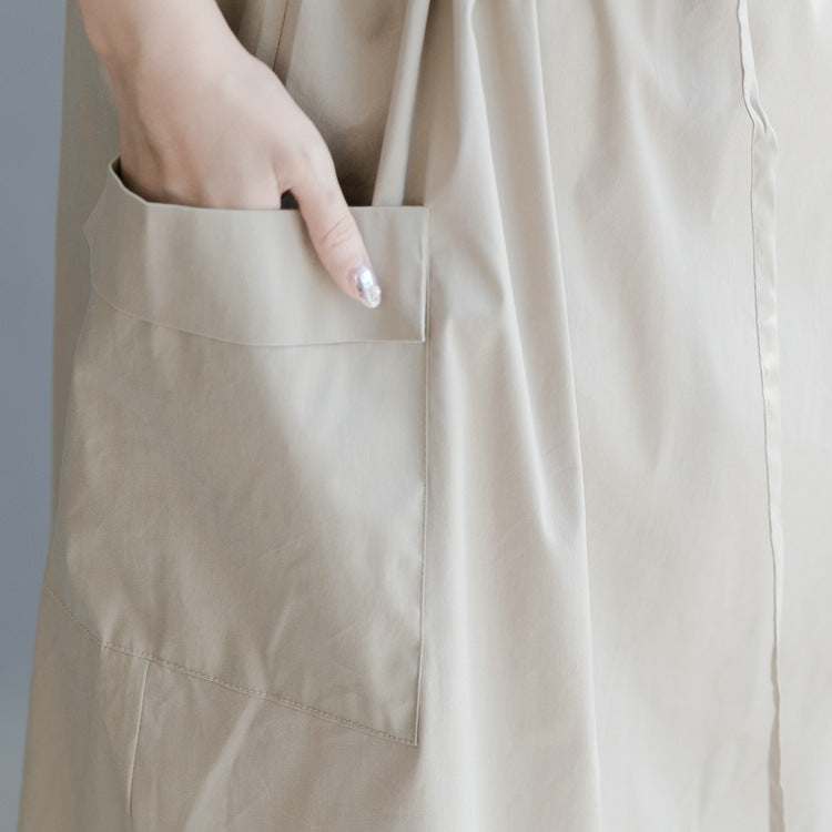 Women Solid Color Round Neck Waist Drawstring Dress