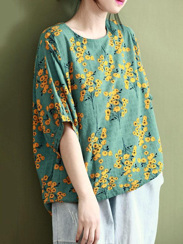 Vintage Flower Print Round Neck T-Shirt