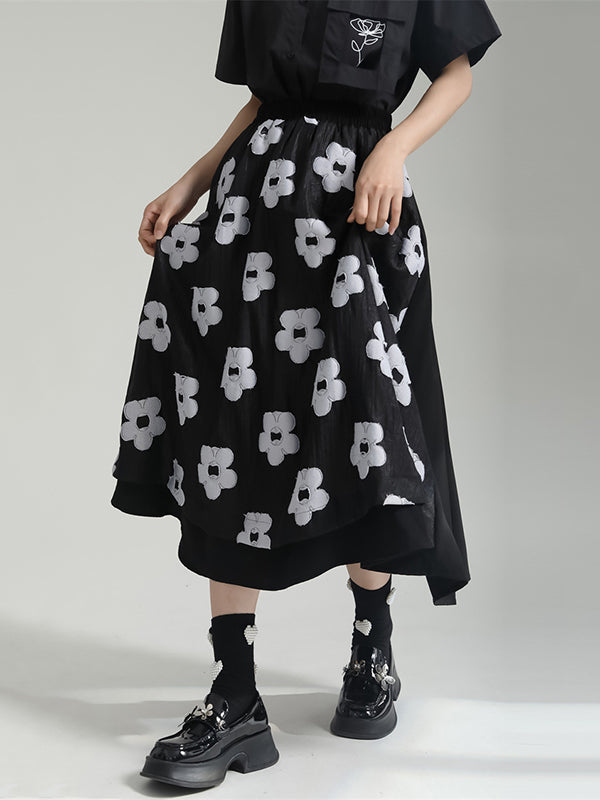 A-Line Roomy Flower-Embellished Contrast Color Split-Joint Skirts Bottoms