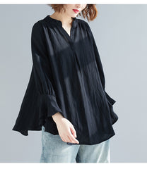 V-Neck Loose Ruffled Sleeve Blouses Shirts Top