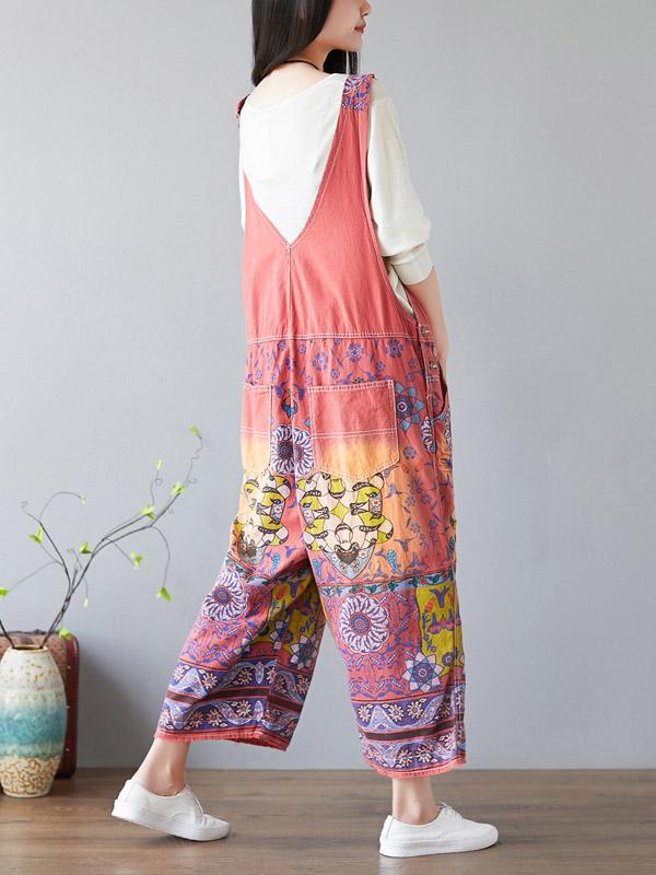 National Style Printed Loose Jean Jumpsuit