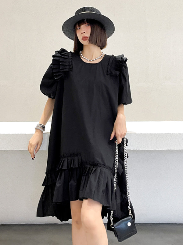 Retro Round Neck Puff Sleeve Irregular Dress