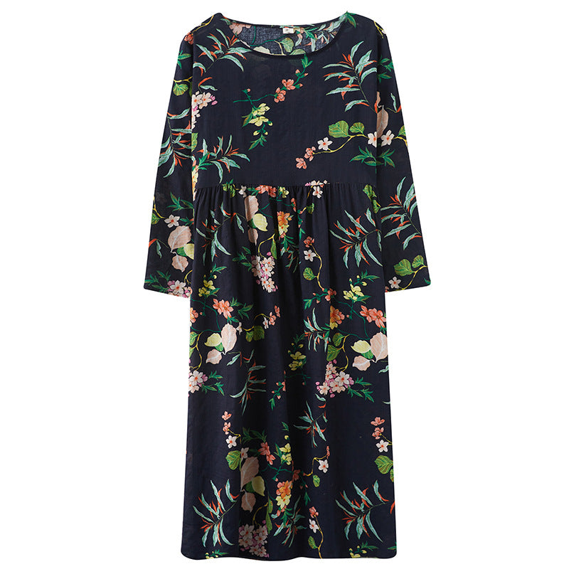 Round Neck Long Sleeve Floral Printed Retro Maxi Dress