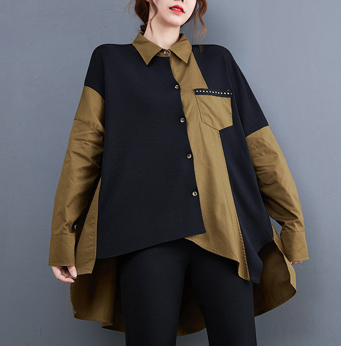 Contrast Color Stitching Mid-Length Loose Casual Long Sleeve Shirt