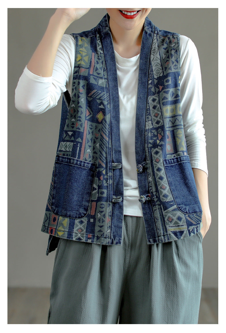 Retro Ethnic Printed Splicing Waistcoat