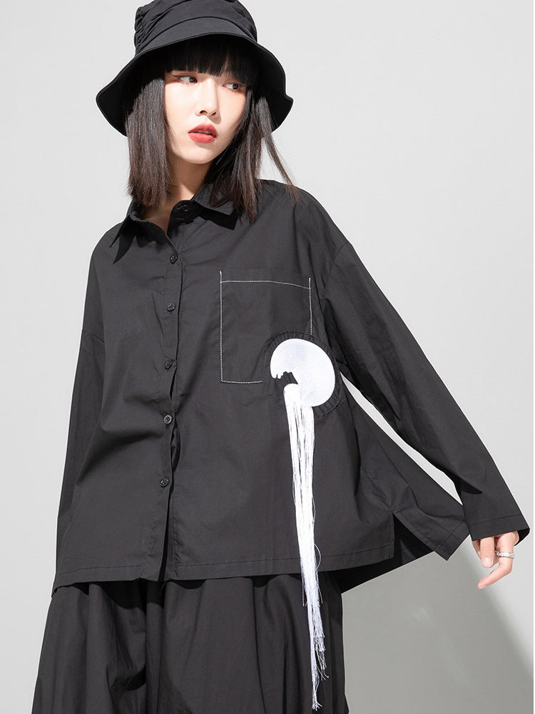 Loose Long Sleeve Shirt With Embroidered Tassels