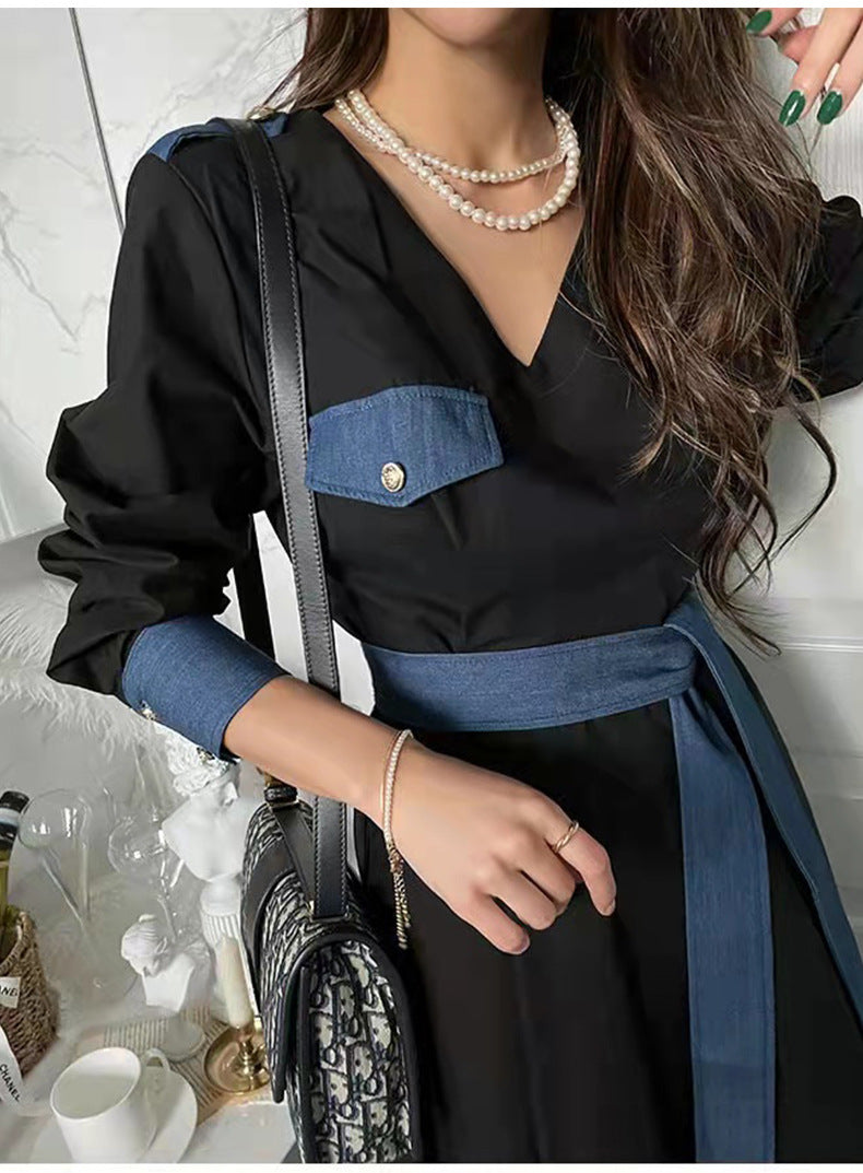 Retro Lace-Up Long-Sleeve V-Neck Midi Dress