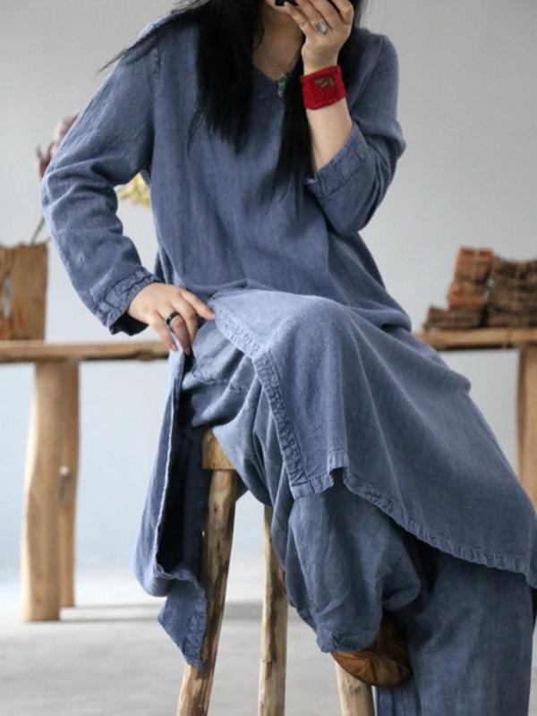 Vintage Solid V-Neck Split-Side Button Dress