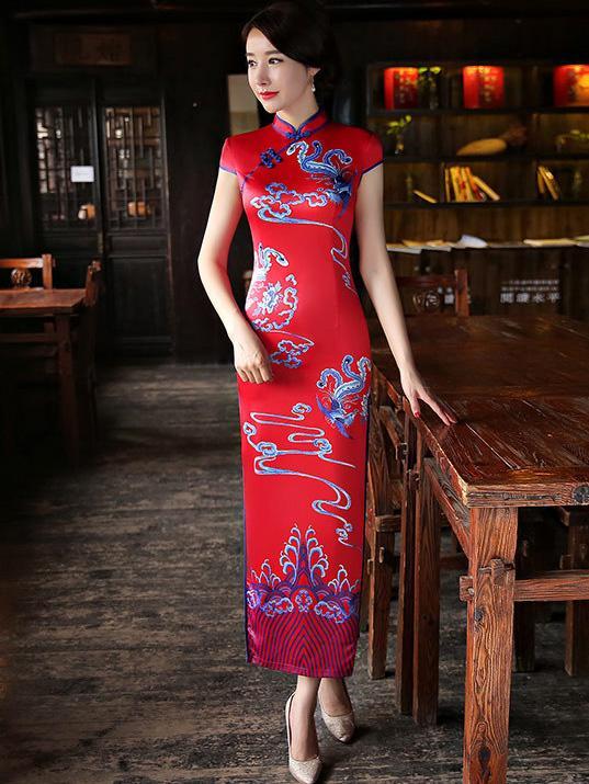 Red Split-side Printed Long Cheongsam