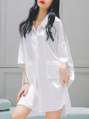 White Loose Short Sleeves Ice Silk Shirt Pajamas