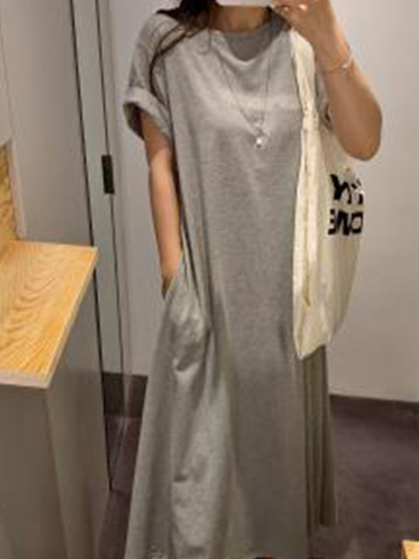 Short Sleeves Round Neck Solid Maxi Dress