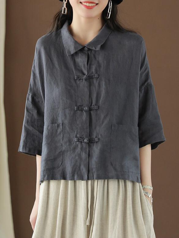 Casual Retro Lapel Frog Linen Shirt Top