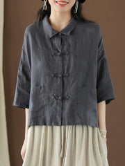 Casual Retro Lapel Frog Linen Shirt Top