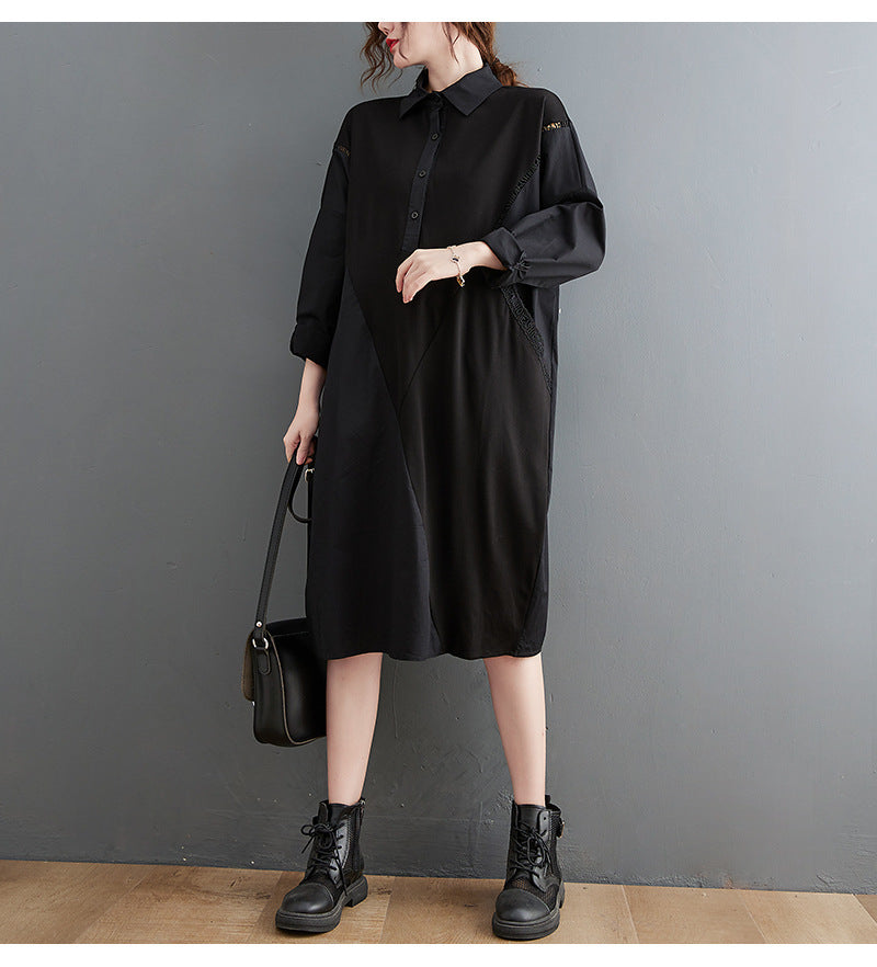 Solid Color Stitching Long-Sleeved Shirt Midi Dress